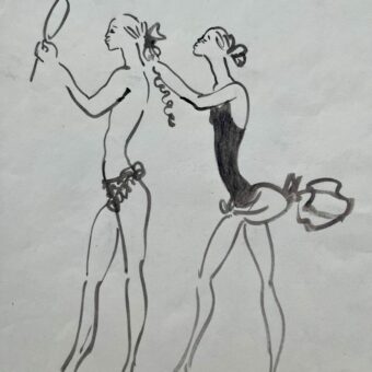 Dessin à l'encre d'Yves Saint-Laurent figurant deux ballerines en costume de scène
