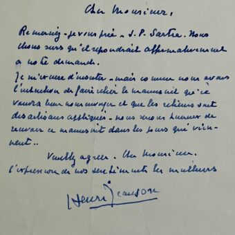 Henri Jeanson, par l'intermédiaire de Jean Cau, demande un manuscrit à Sartre pour le faire relier