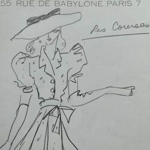 Très beau dessin d'Yves Saint-Laurent figurant une élégante aux courses