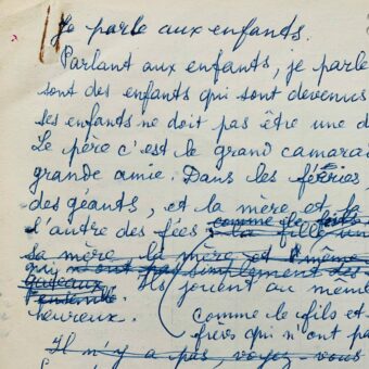 Manuscrit d'une allocution de Paul Eluard exhortant les enfants à l'amitié, à la fraternité et à la tolérence
