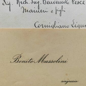 Carte de visite de remerciements de Mussolini avec son enveloppe de président du Conseil