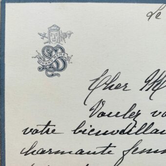 Emouvante carte de Sarah Bernhardt, d'une signature désarticulée, 3 jours avant son décès