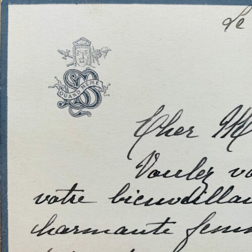 Emouvante carte de Sarah Bernhardt, d'une signature désarticulée, 3 jours avant son décès